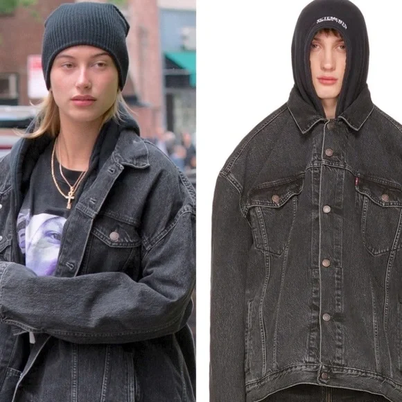 Vetements x Levi’s 2017 Denim Jacket Unisex Large Oversized Black Hooded FLAW